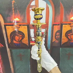 HT Church Handheld Candle Stick Holder Gold Plated Colorful Painting Candlelight Stand For Orthodox Catholic Activity