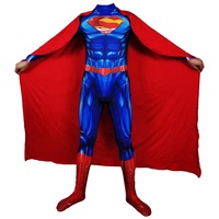 Fantasia cosplay clássico zentai, traje masculino azul super-herói halloween com manto vermelho 52