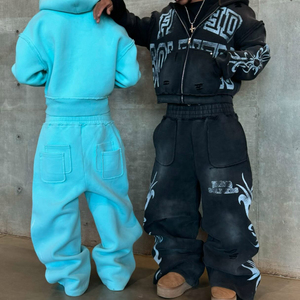 Bộ đồ thể thao áo hoodie có khóa kéo và quần jogger in họa tiết acid wash, kiểu dáng xù, thiết kế riêng - Product Image 1