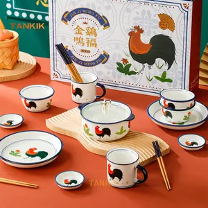 Taza de porcelana de la suerte de gallo de estilo chino Vintage, cuenco de sopa de fideos, plato, platillo, juego de vajilla de cerámica