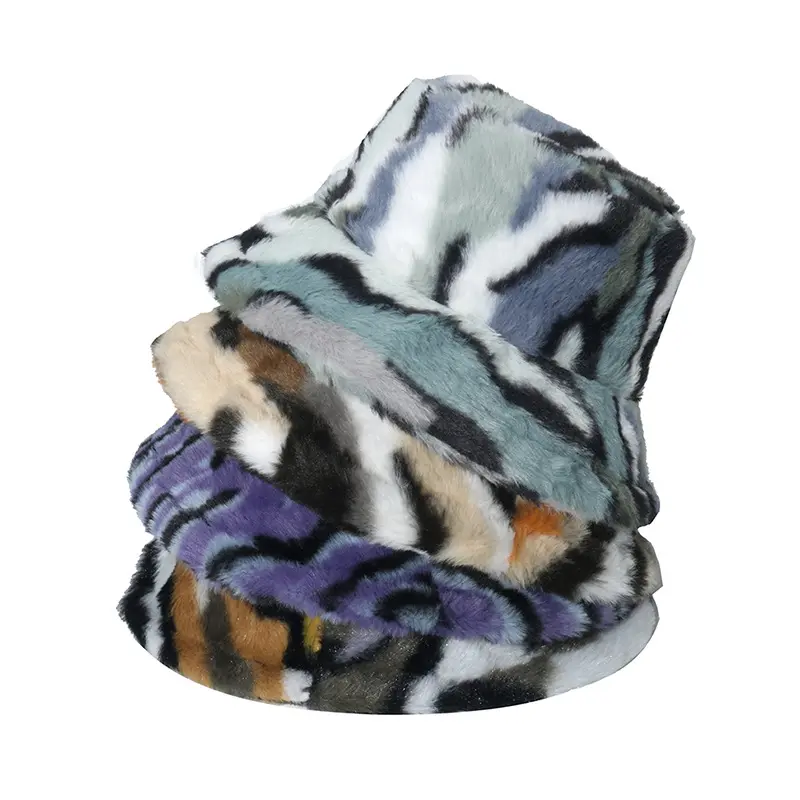 Frauen Dame fest verdickt weich warm Zebra Leopard Checker Faux Plüsch Wolle flauschig pelzigen Pelz Herbst Winter Fischer Eimer Hüte