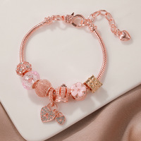 Bracelet à breloques en chaîne serpent or rose, fleur rose, double cœur, strass, perles, bracelets DIY, bijoux de mode pour femmes, cadeau