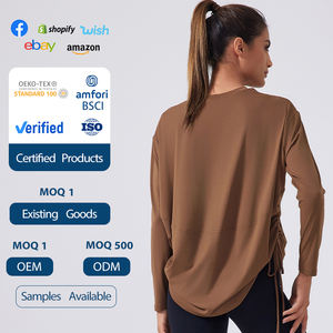 Usine en gros rapidement sec <span class=keywords><strong>nu</strong></span> sentiment lâche côté dessiner corde Gym sweat pour les femmes en cours d'exécution Fitness T-Shirt - Product Image 4