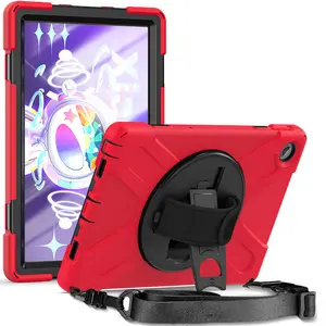 For Lenovo Tab M10 Plus 3rd Gen 2022 10.6" TB-125F TB-128F Silicone Shockproof Shoulder Strap Rotation Stand Rugged Tablet Case