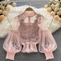 Fleurs stéréoscopiques manches lanterne en maille transparente hauts courts minces chemise en dentelle pour femmes