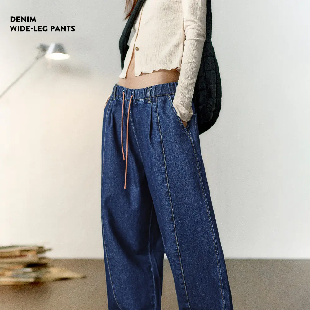 Maden Dropshipping Factory Jeans droits amples pour femmes avec taille élastique et cordon de serrage Pantalons larges Vêtements pour femmes Pantalons