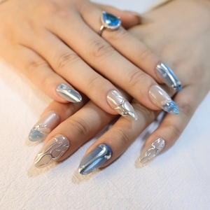 2025 nouveau Design 10 pièces 3D argent ligne modèles <span class=keywords><strong>faux</strong></span> ongles court amande oeil de chat presse sur les ongles pour les filles - Product Image 2
