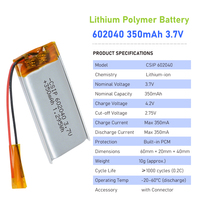 Batterie Li-Polymère 602040 350mAh 3.7V, Piles Li-Po en pochette, Cellule Li-Po 450mAh 500mAh pour Appareils Électroniques Grand Public OEM ODM