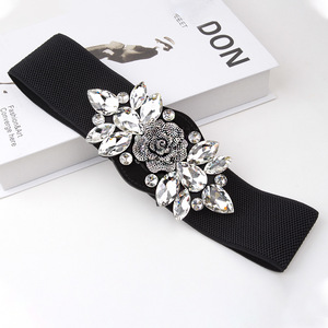 Golden Pear Fall Wide <b>Elastic</b> Waistband Black Crystal Flower Clasp Women's <b>Belt</b> Fashion European Style 24-35 Size - Product Image 1