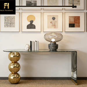 Tavolo Consolle di Lusso Leggero Contemporaneo per <span class=keywords><strong>Ingresso</strong></span> con Piano in Vetro Trasparente e Base di Design in Acciaio Inox a Sfera - Product Image 2