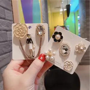 Broche de camélia, novo designer de luxo pérola cor preta e branca flor com borla grande cristal roupas 5 peças/conjunto