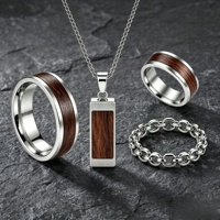 Ensemble de bijoux personnalisé en acier inoxydable 316L avec incrustation de bois, collier pendentif, bague, chaîne pour homme, vente en gros, usine OEM ODM, cadeau