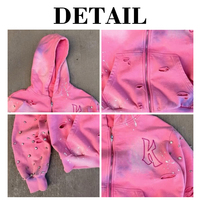 Sudadera con capucha OEM personalizada con logo, estilo vintage, con pedrería, para hombre, streetwear, desgastada, efecto descolorido por el sol, corta, a la moda, con cremallera completa