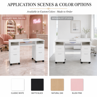 Table de manucure professionnelle au design contemporain en contreplaqué, poste de travail de salon avec bac de collecte de poussière, double tiroirs et roulettes