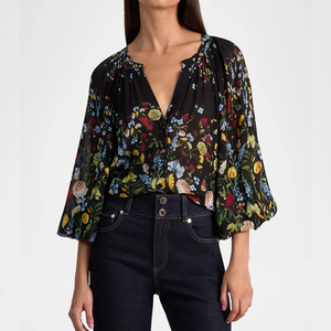 Dài Tay Áo Của Phụ Nữ Nút Màu Đen Xuống Cotton Linen In Áo Thiết Kế Văn Phòng Thời Trang Thoáng Khí - Product Image 3