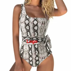 豹纹蛇形效果一体式单肩定制泳衣带标志沙滩装无缝女孩性感健身泳衣