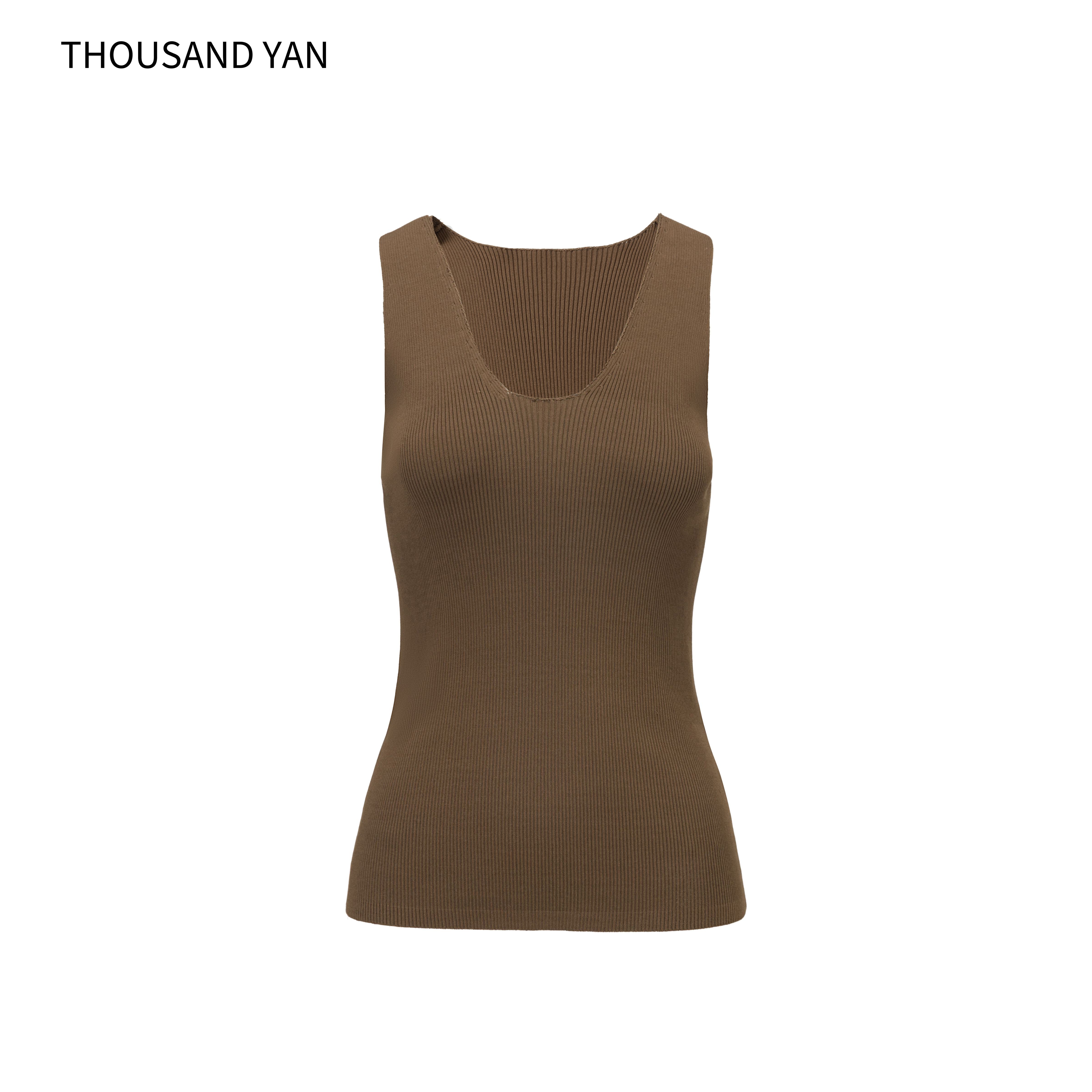 Women's Brown V-Neck Ribbed Knit Tank Top 70% Viscose 30% Nylon Slim Fit Sleeveless Vest