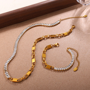 Four Leaf Clover Full Zircon Jewelry <b>Set</b> Stainless Steel Spliced Necklace <b>Bracelet</b> Luxury Niche Daily Jewelry - Product Image 2
