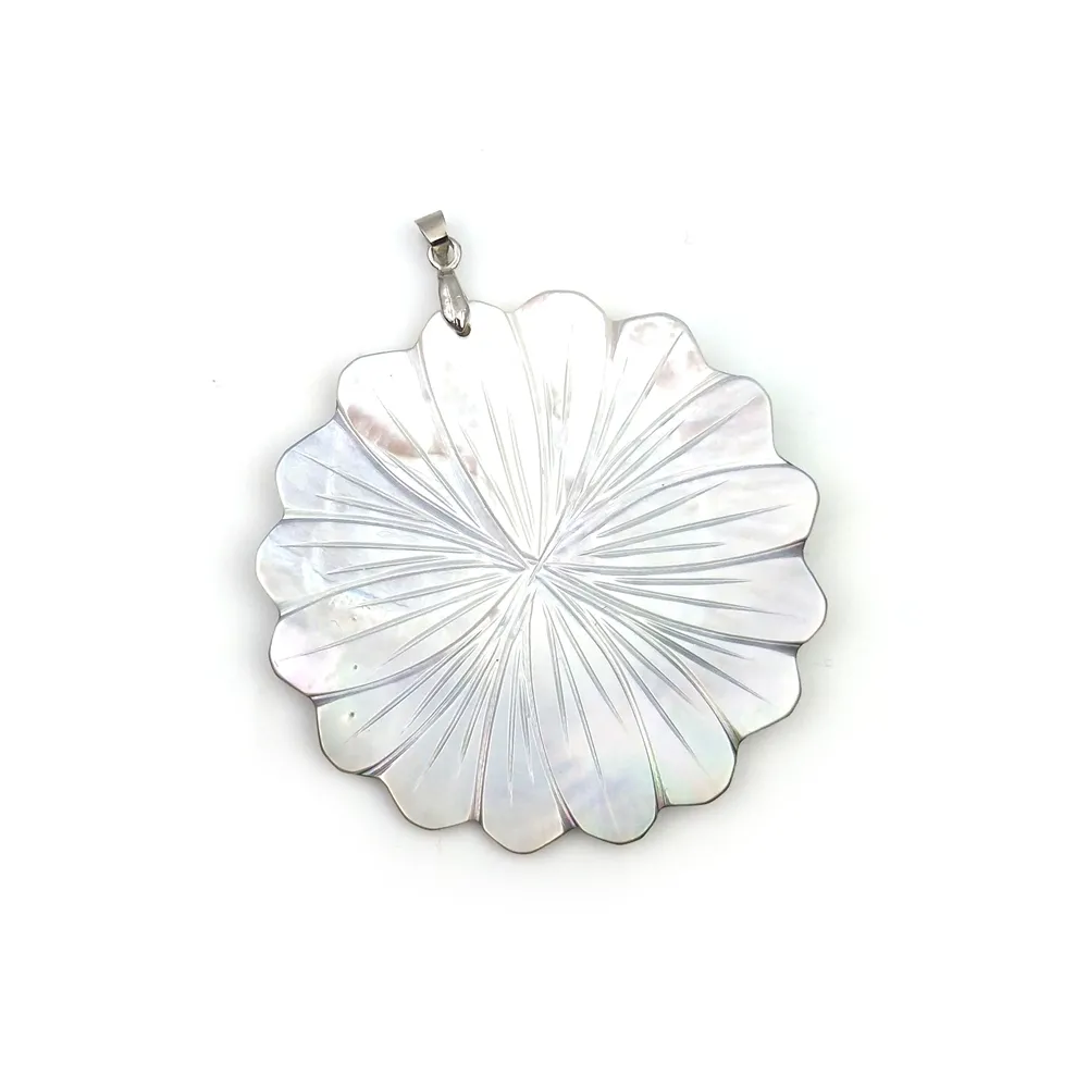 Hot Natural Gemstone Custom white seashell large size chrysanthemum carved mother of pearl flowers shaped pendant charm jewelry