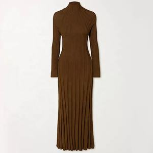 Maglieria mufacturers Brown Rib Knit dolcevita Maxi Dress Winter pieghettato dress maglione Dress women - Product Image 4