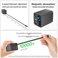   Chargeur rapide OEM 65W GaN à 2 ports USB-A/Type-C avec câble USB-C rétractable intégré, double protocole PD pour ordinateur portable, téléphone, tablette