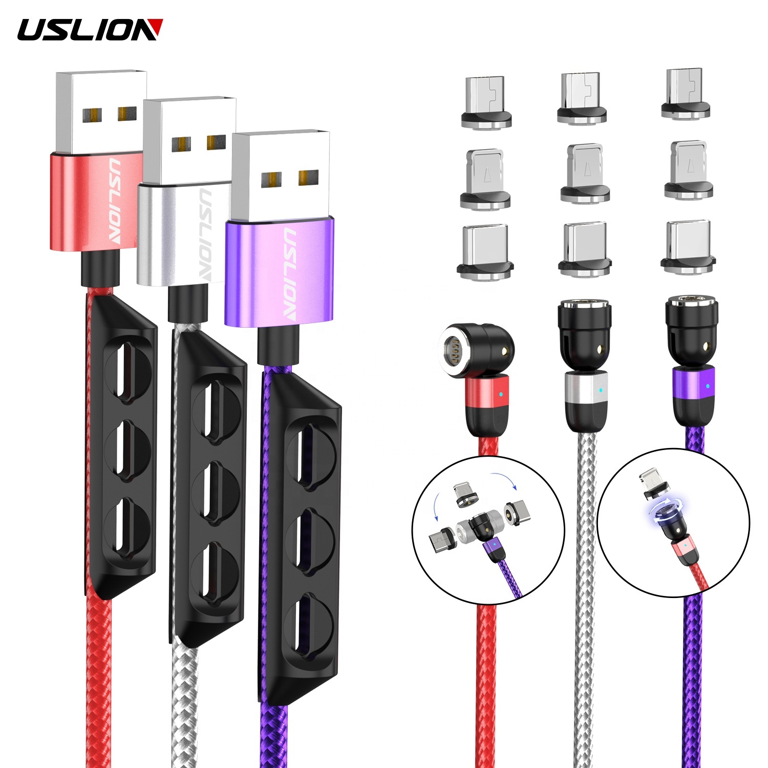 USLION 3 in 1 USB cable 540 Degree Rotate Type c Fast Charging Magnetic USB Cable Charger Data Cables Micro USB Mobile Phone