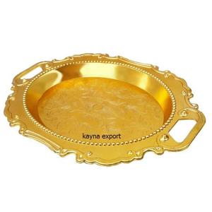 Plateau rond décoratif fait à la main, métal doré, à vendre, 1 pièce - Product Image 1