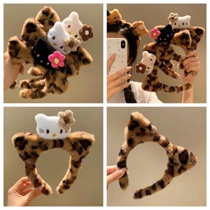 Nuevo lindo Europeo Americano dibujos animados orejas de gato leopardo felpa banda para el cabello mujer acetato lavado cara maquillaje diadema niños lazo pelo - Product Image 2