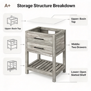 Rustic Wood Modern Farmhouse <b>Bathroom</b> Vanity Two Drawers Open Slatted Shelf Floor Standing Rectangular Cabinet Light Gray Vanity - Product Image 1