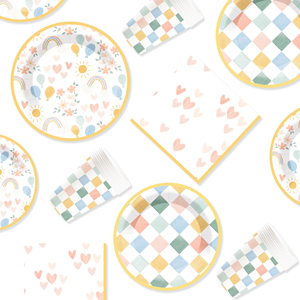 Ensemble de vaisselle sur le thème de l'arc-en-ciel personnalisé DAMAI pour les décorations de fête d'anniversaire des filles, fournitures pour fête d'anniversaire, assiettes en papier à motif de damier - Product Image 4