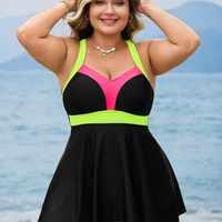 Maillot de bain une pièce color-block à col en V pour femmes européennes et américaines grandes tailles, avec design amincissant dissimulant le ventre, durable