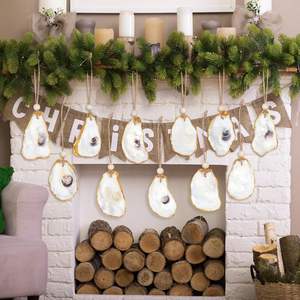 12 stuks <span class=keywords><strong>3</strong></span>-4 inch & 8-9 inch platte oester schelpen voor knutselen met gaten, hangend jute touw voor strandbruiloft, kustdecoratie, Kerstmis - Product Image 6