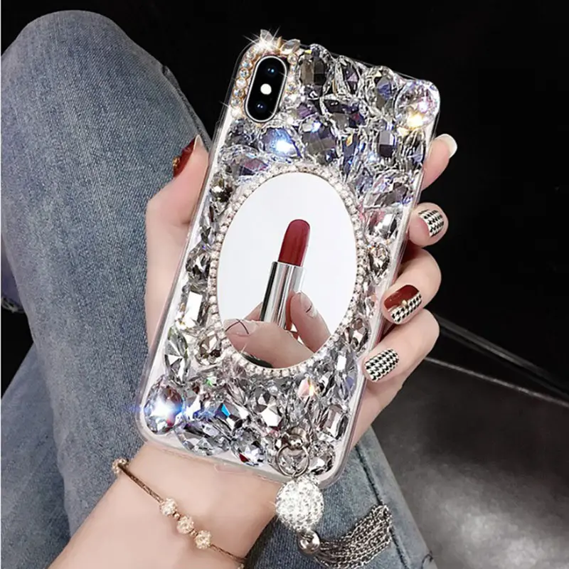 Tendência Diamante Crystal Clear Phone Case Maquiagem Espelho Design Brilhante Caso Para As Mulheres Para Iphone 15 14 13