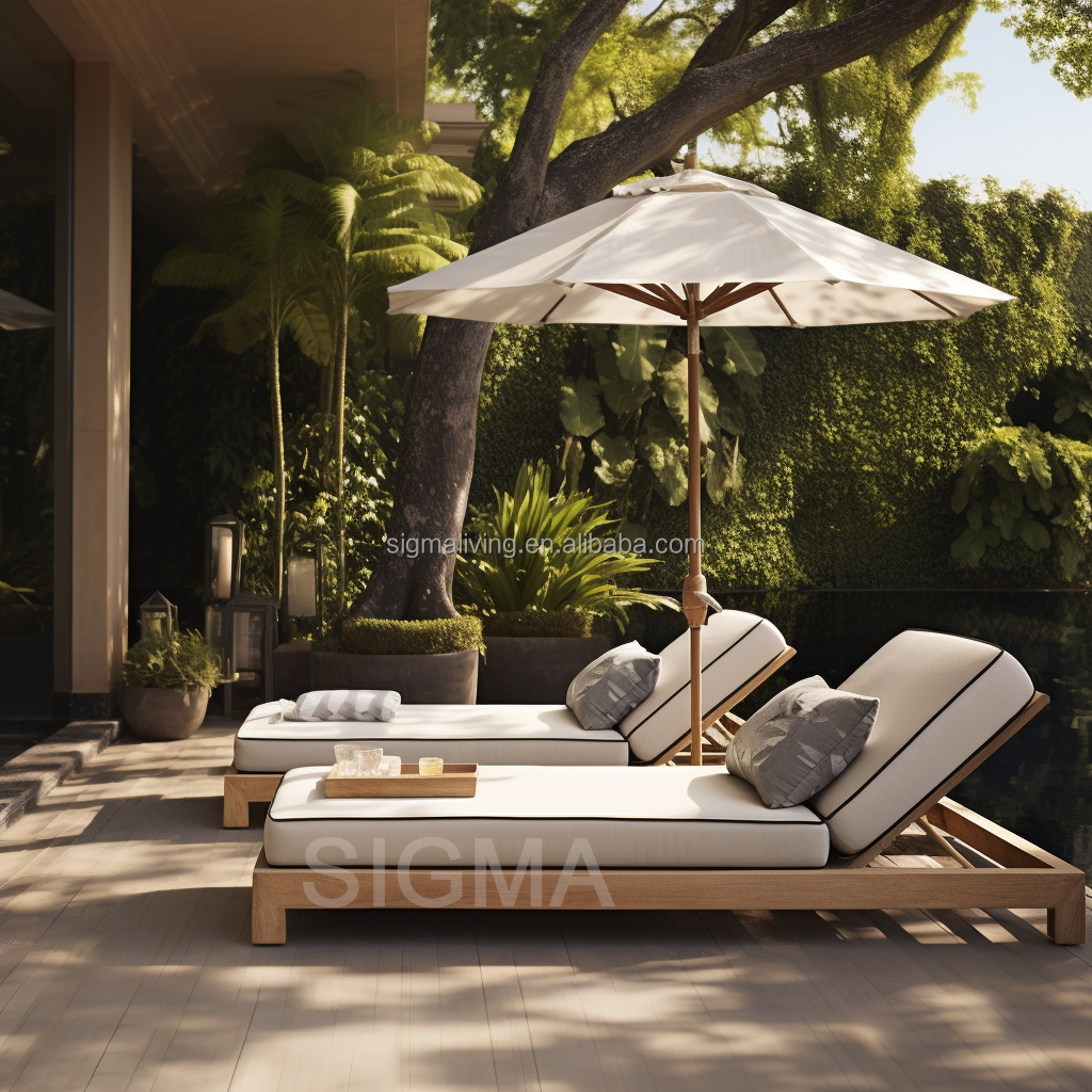 Factory Custom Garden Set Fabric All Weather Chaise Waterproof Outdoor Teak Wooden Sun Lounger