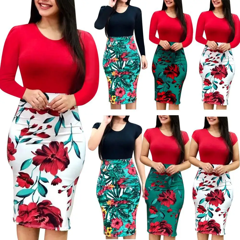 Spring Autumn Casual Wear Ladies Short or Long Sleeve Floral Boho Women Party Bodycon Dress