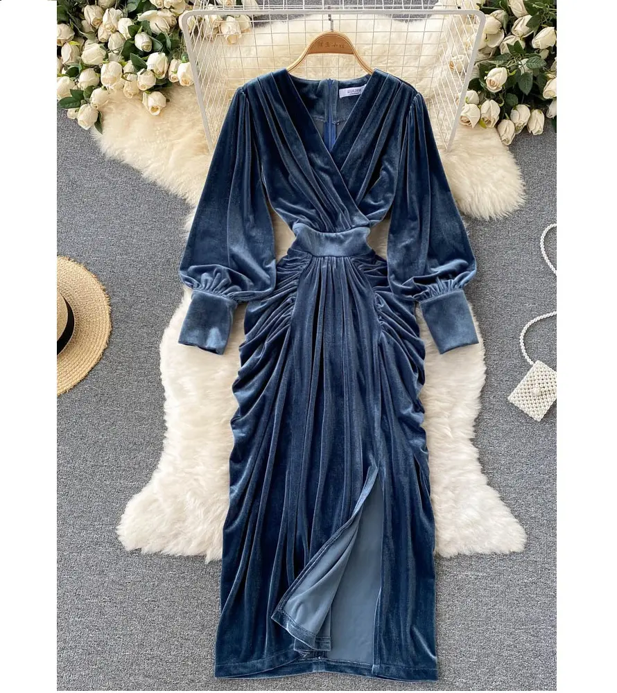 Women Blue Draped Velvet Long Dress Elegant V-Neck Lantern Sleeve High Waist Party Robe Female Autumn Winter 2021 New Fashion
