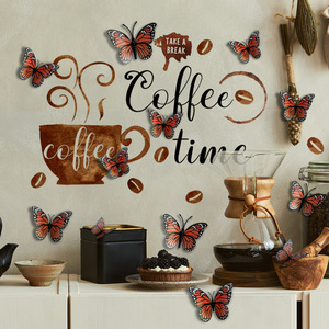 Adesivo da parete con tazza di caffè inglese più 12 farfalle 3D cucina ristorante sfondo decorativo adesivo da parete - Product Image 6