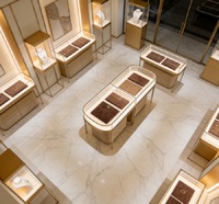 Comptoir de présentation de bijoux en verre acrylique incurvé haut de gamme, cadre or champagne, base en velours, éclairage LED de luxe, vitrine haut de gamme