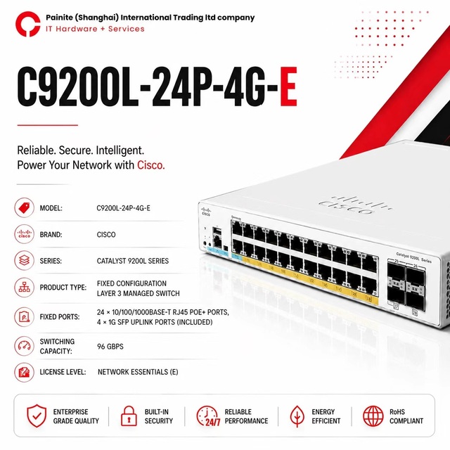 Authentic Cisco C9200L-24T-4G-E Cisco Catalyst 9200L Series Managed Ethernet Switch 24 10/100/1000BASE-T Gigabit Ethernet RJ-45