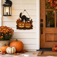 Nouvelle Décoration de Porte d'Halloween 2026 en Bois Double Couche - Ornement Suspendu Chat Noir et Citrouille Phosphorescents pour Entrée Principale