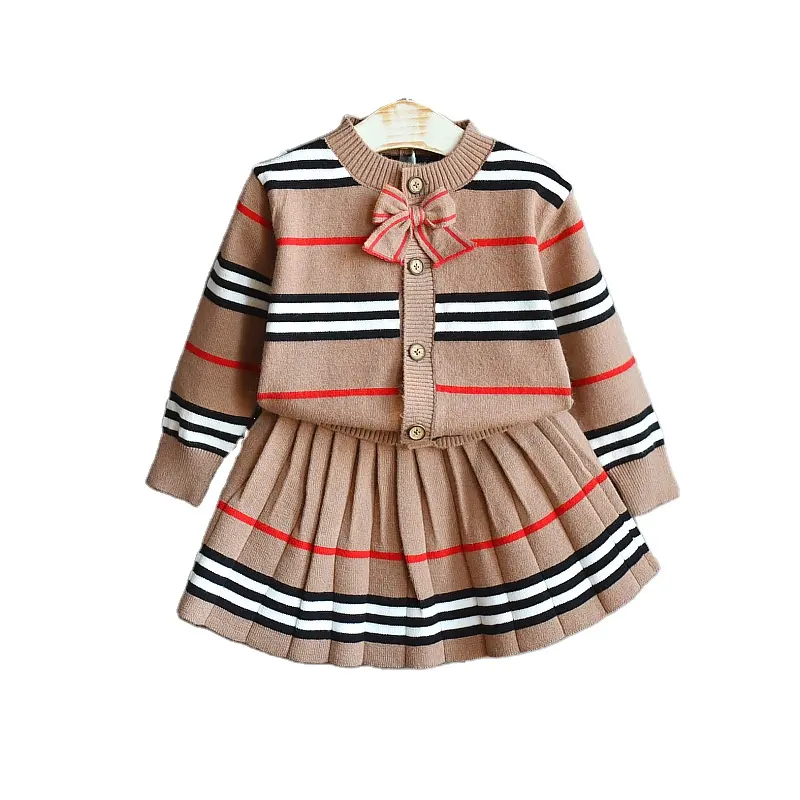 Boutique baby girls clothing for children winter striped sweater suits fashion bow knitted 2-7 years kids clothes