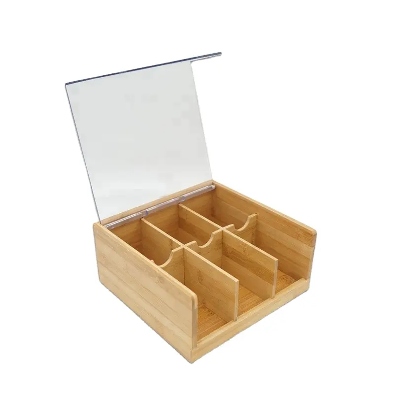 Bamboo Tea Bag Organizer Storage, 6 Compartments Tea Chest Box with Acrylic Transparent Hinged Lid