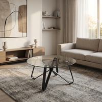 Table basse moderne ronde en verre avec pieds en métal pour petits salons, décoration intérieure avec meubles de style panneau de bois