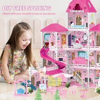 Samtoy Grande Maison de Poupée Château de Luxe Rose pour Filles, Jouet de Simulation DIY, Meubles et Accessoires