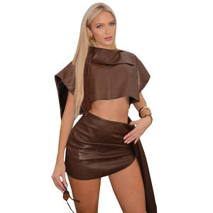 Nouveau Sexy Asymétrique Crop Top Sash Split Mini <span class=keywords><strong>Jupe</strong></span> Ensemble En <span class=keywords><strong>Cuir</strong></span> - Product Image 5