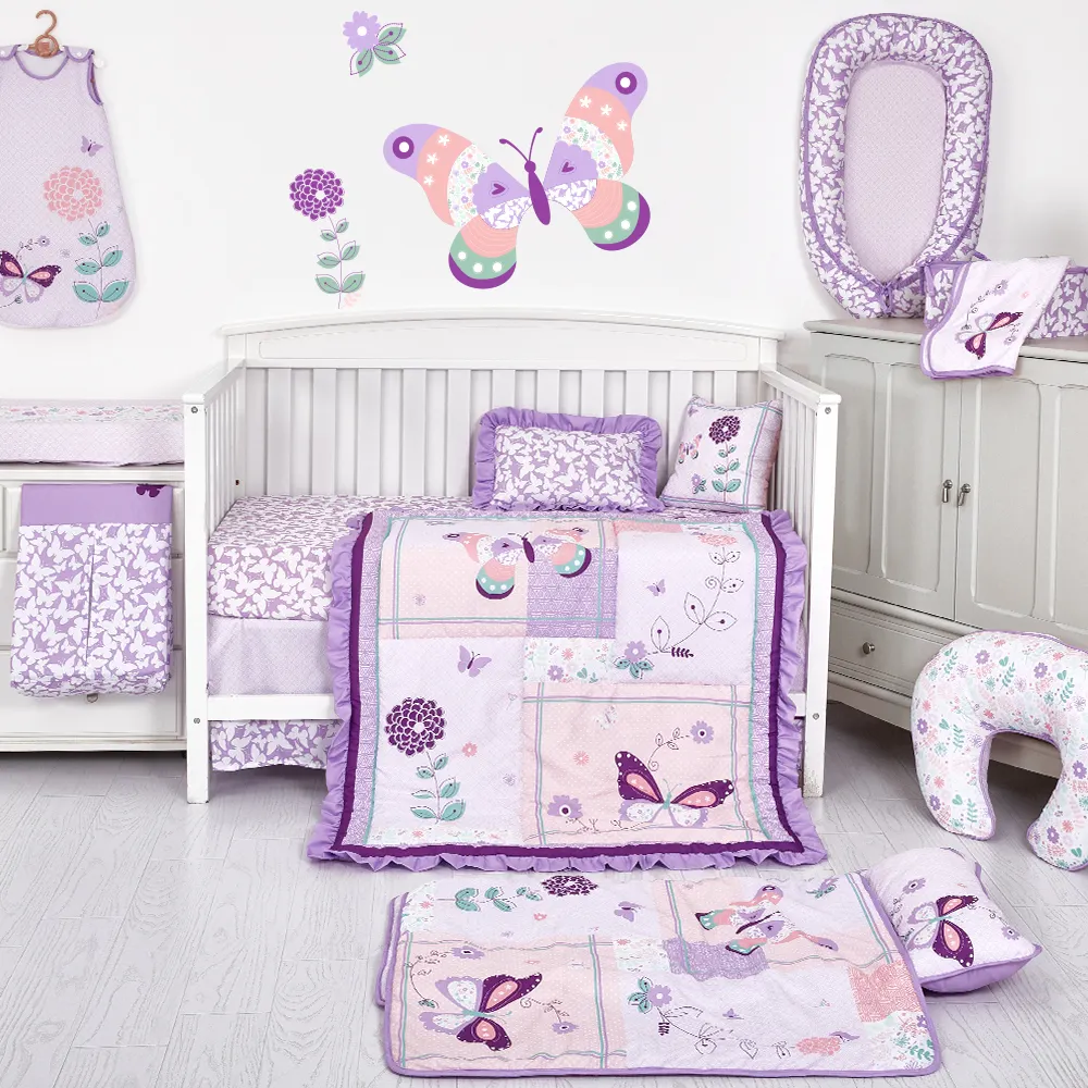 Purple Butterfly Digital Printing Design Baby Girl Soft Bedding Set Crib Bedding