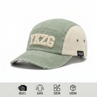 Casquette 5 panneaux personnalisée pour les fondateurs de marques streetwear, en coton lavé, visière effilochée, broderie 3D en relief, GRS durable