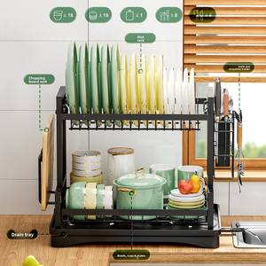 <span class=keywords><strong>Égouttoir</strong></span> à vaisselle 2 niveaux en acier inoxydable avec <span class=keywords><strong>bac</strong></span> de récupération et porte-ustensiles pour comptoir de cuisine, grande taille - Product Image 3