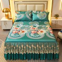 Jupe de lit en soie glacée avec dentelle, style parisien, motif fleurs, pour l'été, ensemble de literie avec 2 taies d'oreiller + jupe de lit, tailles Full, Queen, King