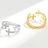 Europe et Amérique, Bague ouverte en argent pur S925, double couche, motif croix ajourée, style coréen